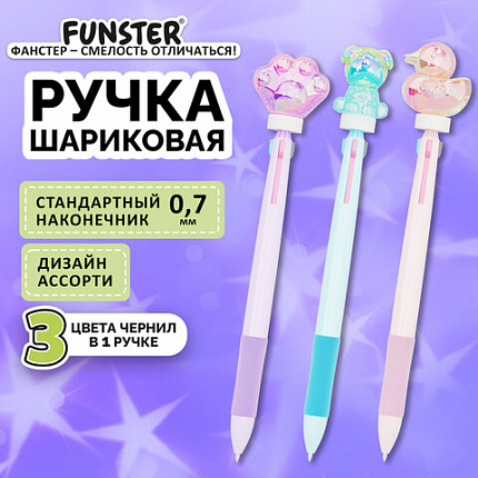 Ручка-спиннер многоцветная с акриловым топпером FUNSTER "SHINY PETS", 3 ЦВЕТА, ассорти, пишущий узел 0,7 мм, линия письма 0,35 мм, 144518