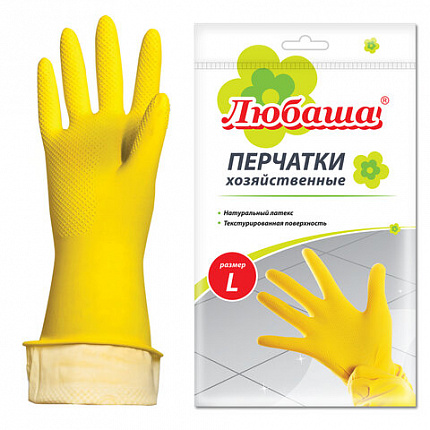 Перчатки МНОГОРАЗОВЫЕ латексные ЛЮБАША "ЭКОНОМ", хлопчатобумажное напыление, размер 8-9, L (большой), желтые, вес 32 г, 603785