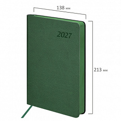 Ежедневник датированный 2027, А5, 138x213 мм, BRAUBERG "Stylish", под кожу, гибкий, темно-зелёный, 117972
