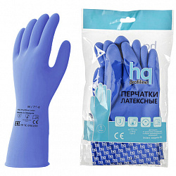 Перчатки латексные КЩС, сверхпрочные, плотные, хлопковое напыление, размер 7,5-8, M (средний), синие, HQ Profiline, 74734