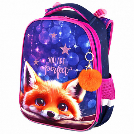 Ранец BRAUBERG PREMIUM, 2 отделения, с брелком, "Cute fox", LED ЛАМПОЧКИ, 38х29х16 см, 272019