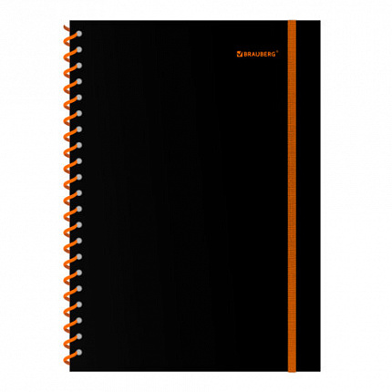 Тетрадь обложка пластик, А4 80л. спираль пластик, резинка, клетка, BRAUBERG, черный/оранжевый, 405382