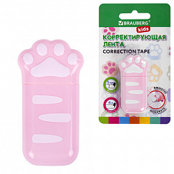 Корректирующая лента BRAUBERG KIDS "ЛАПКИ", 5 мм х 6 м, корпус розовый, блистер, 272497