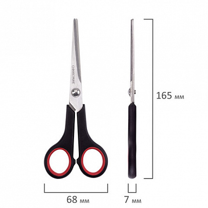 Ножницы ОФИСМАГ "Soft Grip", 165 мм, резиновые вставки, черно-красные, 3-х стороняя заточка, 236455