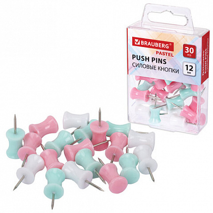 Силовые кнопки-гвоздики BRAUBERG PASTEL, пастельные цвета, 30 штук, 12 мм, 272756