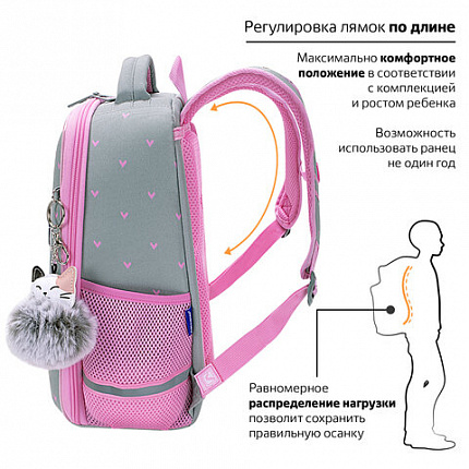 Ранец BRAUBERG LIGHT, 1 отделение, с брелоком, "Играющие котики", плюшевые нашивки, 36х26х13 см, 272030