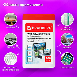 Салфетки для электронных устройств универсальные BRAUBERG, компактная туба 100 шт., влажные, 512810