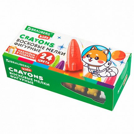 Восковые мелки фигурные BRAUBERG KIDS "РАКЕТА", НАБОР 24 цвета + НАКЛЕЙКИ В ПОДАРОК, 273083
