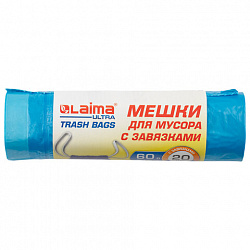 Мешки для мусора с завязками LAIMA "ULTRA" 60 л, синие, рулон 20 шт., прочные, ПНД 18 мкм, 60х70 см, 607692