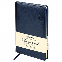 Еженедельник датированный 2026, А5, 145х215 мм, BRAUBERG "Imperial", под кожу, синий, 117174