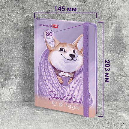 Скетчбук, белая бумага 80 г/м2, 145х203 мм, 80 л., резинка, твердый, BRAUBERG ART DEBUT "Корги", 114579