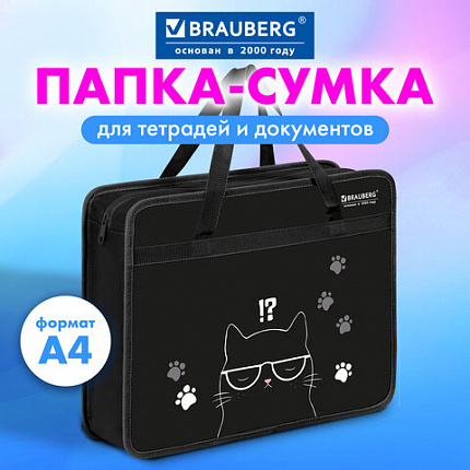 Папка на молнии с ручками BRAUBERG А4, 1 отделение, пластик, 80 мм, "Кот с характером", 274493