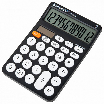 Калькулятор настольный BRAUBERG STYLE-12-BK (157х106 мм), 12 разрядов, двойное питание, ЧЕРНЫЙ, 272965