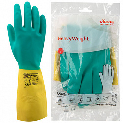 Перчатки VILEDA PROFESSIONAL латекс-неопреновые МНОГОРАЗОВЫЕ х/б напыление, СВЕРХПРОЧНЫЕ, размер L (большой), зеленые/желтые, 174307