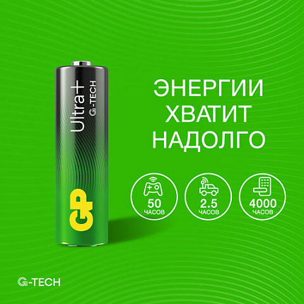 Батарейки КОМПЛЕКТ 2 шт., GP Ultra Plus G-Tech, AA (LR6), алкалиновые, пальчиковые, 15AUPA21-2CRSB2