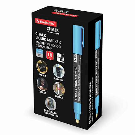 Маркер меловой CHALK LIQUID MARKER, СИНИЙ, 3 мм, стираемый, BRAUBERG "CHALK", 152592