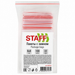 Пакеты с замком ZIP-LOCK "зиплок", комплект 100 шт., 60х80 мм, ПВД, толщина 32 мкм, STAFF, 608164