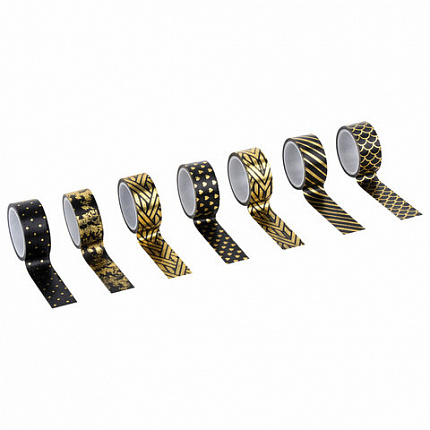 Клейкие WASHI-ленты для декора с фольгой "ЧЕРНОЕ ЗОЛОТО", 15 мм х 3 м, 7 шт., рисовая бумага, ОСТРОВ СОКРОВИЩ, 661714