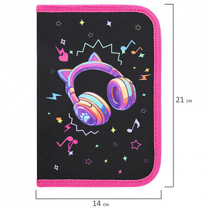 Пенал BRAUBERG с наполнением, 1 отделение, 1 откидная планка, 24 предмета, 21х14 см, "Headphones", 273531