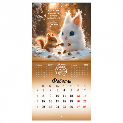 Календарь настенный перекидной 2027 г., BRAUBERG, 12 листов, 21,4х21,4 см, МИНИ, "Magic animals", 118431
