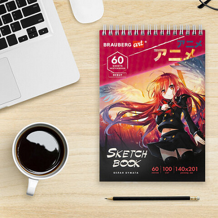 Скетчбук, белая бумага 100 г/м2, 140х201 мм, 60 л., гребень, жёсткая подложка, BRAUBERG ART, "Аниме", 115061