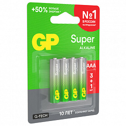 Батарейки КОМПЛЕКТ 4 шт., GP Super G-Tech, AAA (LR03,24А), алкалиновые, мизинчиковые, ПРОМО 3+1, 24A3/1-2CR4