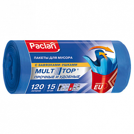 Мешки для мусора 120 л, с ушками, синие, в рулоне 15 шт., ПВД, 24 мкм, 70х110 см, PACLAN "Multitop", 402045