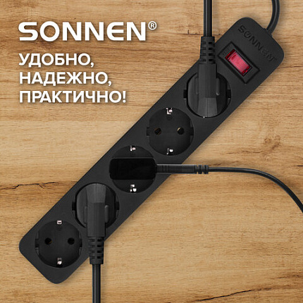 Сетевой фильтр SONNEN SPB-185, 5 розеток с заземлением, выключатель, 10 А, 1,8 м, черный, 513656
