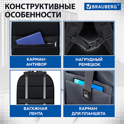 Рюкзак BRAUBERG FUNCTIONAL с отделением для ноутбука, 2 отделения, карман-антивор, "Safe", 44х30х20 см, 272574