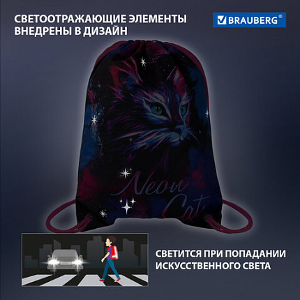 Мешок для обуви BRAUBERG PREMIUM, карман, подкладка, светоотражайка, 43х33 см, "Неоновый кот", 271621