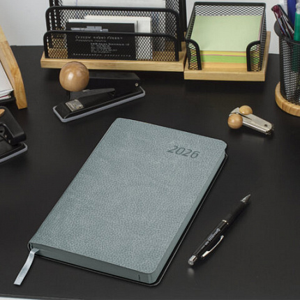 Ежедневник датированный 2026 А5 138x213 мм, BRAUBERG "Stylish", под кожу, гибкий, серо-голубой, 117105