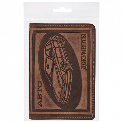 Обложка для автодокументов натуральная кожа краст, машина + "АВТОДОКУМЕНТЫ", коньяк, 238208