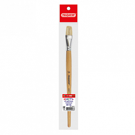 Кисть ПИФАГОР, ЩЕТИНА, плоская, № 16, деревянная лакированная ручка, пакет с подвесом, 200877