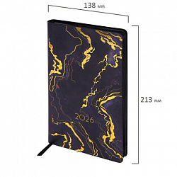 Ежедневник датированный 2026 А5 138x213 мм, BRAUBERG "Vista", под кожу, гибкий, "Black marble", 117445
