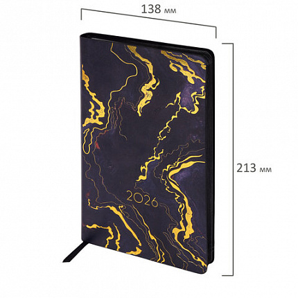 Ежедневник датированный 2026 А5 138x213 мм, BRAUBERG "Vista", под кожу, гибкий, "Black marble", 117445