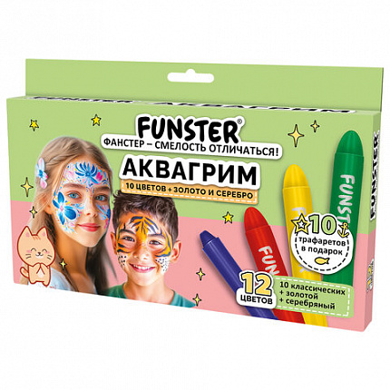 Аквагрим для лица и тела 12 цветов (10 классических+золото+серебро),10 трафаретов, FUNSTER, 192572