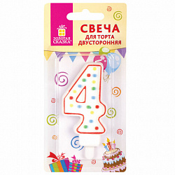 Свеча-цифра для торта "4" ДВУСТОРОННЯЯ с конфетти, 8,5 см, ЗОЛОТАЯ СКАЗКА, держатель, блистер, 591397