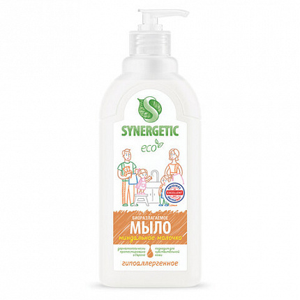 Мыло жидкое 500 мл SYNERGETIC "Миндальное молочко", гипоаллергенное, биоразлагаемое, дозатор, 105058
