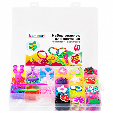 Набор резинок для плетения украшений 1 000 шт., 21 цвет, бокс, бусины, BAMBOX (БАМБОКС), 665978