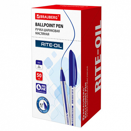 Ручка шариковая масляная BRAUBERG "Rite-Oil", СИНЯЯ, корпус прозрачный, узел 0,7 мм, линия письма 0,35 мм, 141702