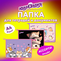 Папка для тетрадей ЮНЛАНДИЯ А4, 1 отделение, пластик, на молнии, АССОРТИ для девочек, 274483