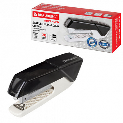 Степлер №24/6, 26/6 BRAUBERG "ADVANCED", до 20 листов, с антистеплером, черный, 228748