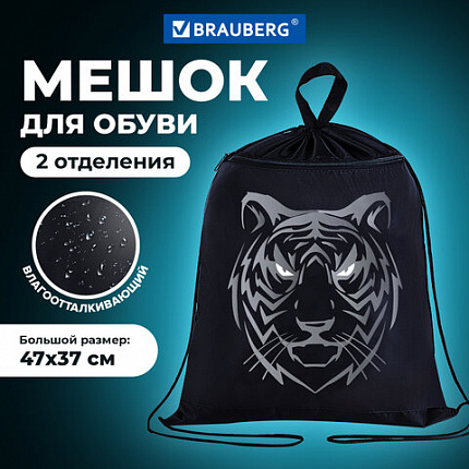 Мешок для обуви BRAUBERG, с петлёй, карман на молнии, 47х37 см, "Тигр", 271610