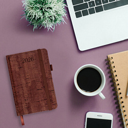 Ежедневник датированный 2026 МАЛЫЙ ФОРМАТ 100х150 мм, А6, BRAUBERG "Wood", под кожу, коричневый, 117263