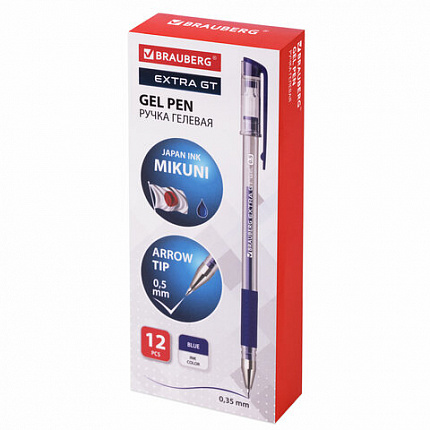 Ручка гелевая с грипом BRAUBERG "EXTRA GT", СИНЯЯ, стандартный узел 0,5 мм, линия 0,35 мм, 143915