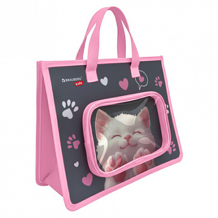 Папка на молнии с ручками BRAUBERG KIDS А4, 1 отделение, доп.карманы, пластик, "Purr cat", 274527