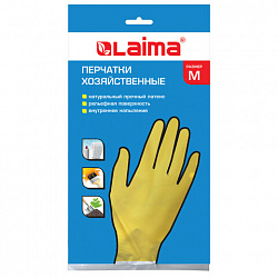 Перчатки МНОГОРАЗОВЫЕ латексные LAIMA "СТАНДАРТ", хлопчатобумажное напыление, ПЛОТНЫЕ, размер 7-8, М (средний), желтые, вес 40 г, 600353