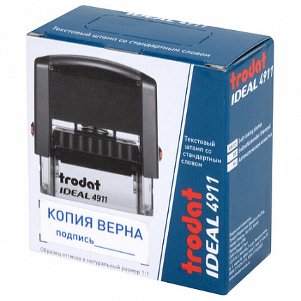 Штамп стандартный "КОПИЯ ВЕРНА, подпись", оттиск 38х14 мм, синий, TRODAT IDEAL 4911 DB-3.42, 161490/214133