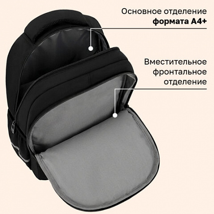 Рюкзак BRAUBERG STYLE, 2 отделения, 4 кармана, "Всем привет!", черный, 40х26х15 см, 274410