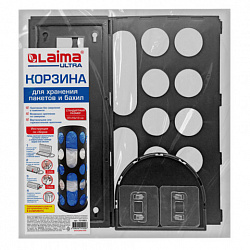 Корзина / диспенсер для хранения пакетов и бахил СРЕДНЯЯ 37х16х13 см, крючки-крепеж в комплекте, черная, LAIMA ULTRA, 701663
